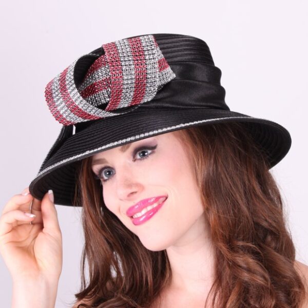 51202 Black Satin Ribbon Hat with Rhinestone Bow