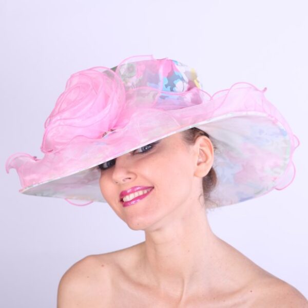 52394 Pink Floral Printed Organza Hat