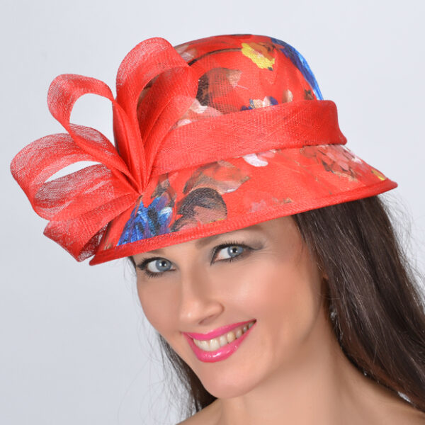 52760 Red Printed Brocade Floral Lace Hat