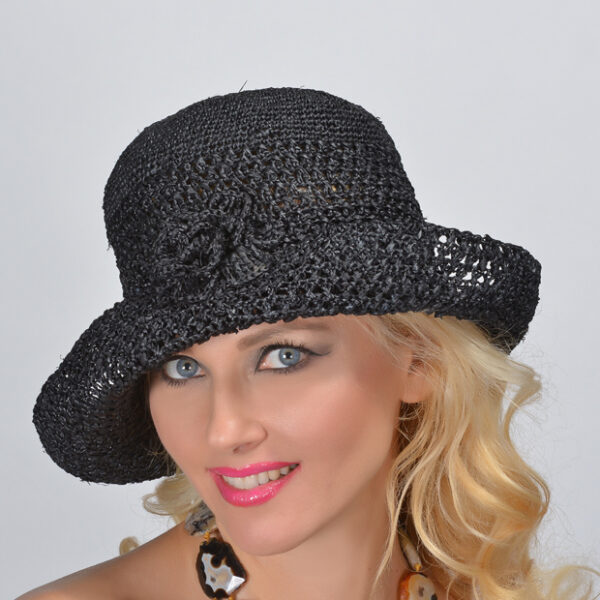 52853 Black Crochet Woven Raffia Hat