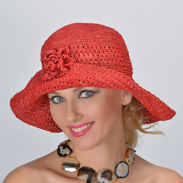 52853 Red  Crochet Woven Raffia Hat