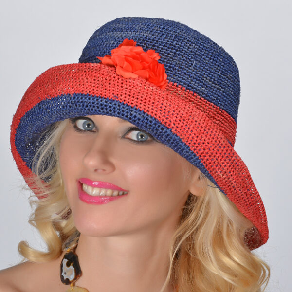 52856 Navy/Red  Turn-up Woven Raffia Hat