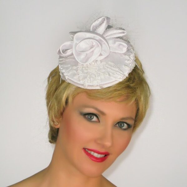 52881 White, Lace Bridal Fascinator with slim headband