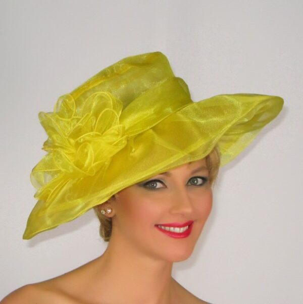 52910 Yellow Wide Brim Organza Hat with Flower Decor