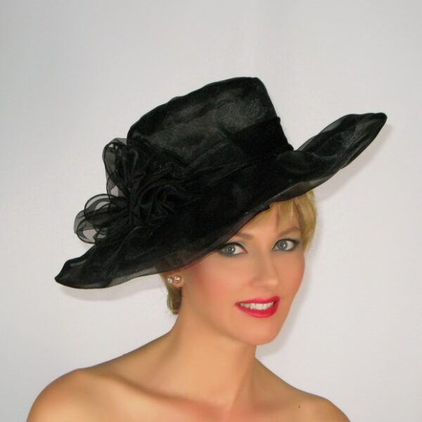 52910 Black Wide Brim Organza Hat with Flower Decor