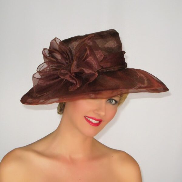 52910 Chocolate Wide Brim Organza Hat with Flower Decor