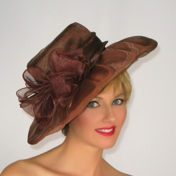 52910 Coffee Wide Brim Organza Hat with Flower Decor