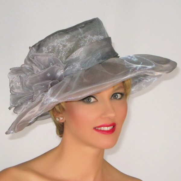 52910 Gray Wide Brim Organza Hat with Flower Decor