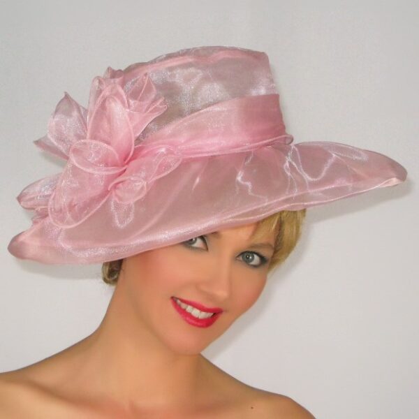 52910 Pink Wide Brim Organza Hat with Flower Decor