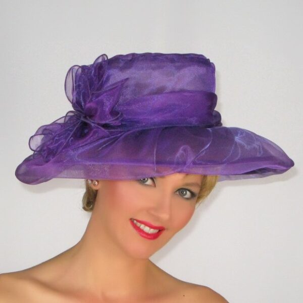 52910 Purple Wide Brim Organza Hat with Flower Decor