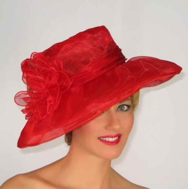 52910 Red Wide Brim Organza Hat with Flower Decor