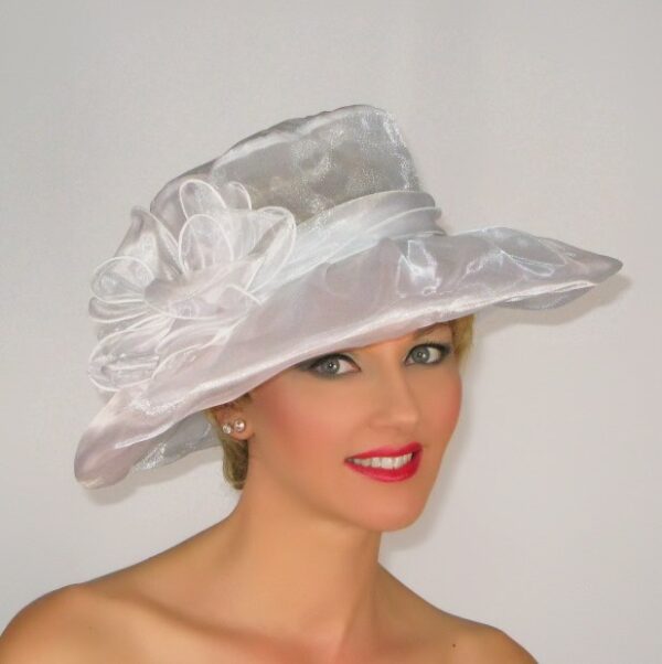 52910 White Wide Brim Organza Hat with Flower Decor