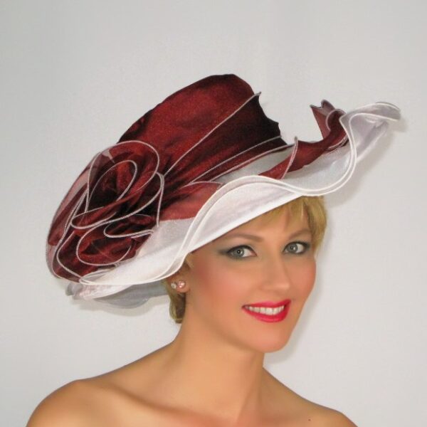 52913 Burgundy/White Foldable Organza Hat with Organza Bow