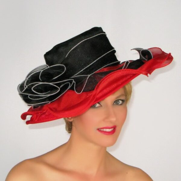 52913 Red/Black Foldable Organza Hat with Organza Bow