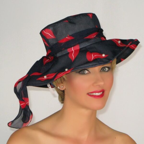 52915 Navy Foldable Printed Organza Hat