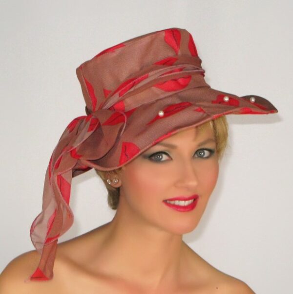 52915 Brown Foldable Printed Organza Hat