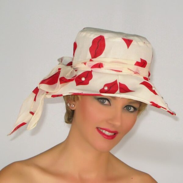 52915 Cream Foldable Printed Organza Hat