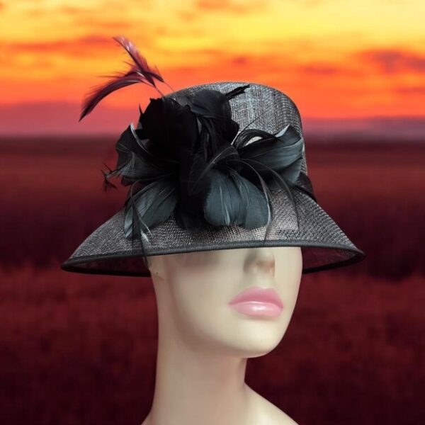 52963 Black Sinamay Hat with Feather Flower