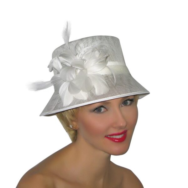 52963 White Sinamay Hat with Feather Flower