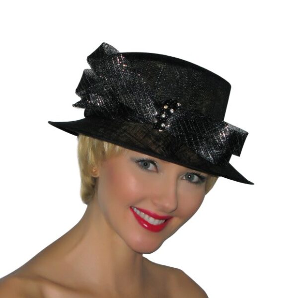 52964 Black Glitter Sinamay Hat with Bow