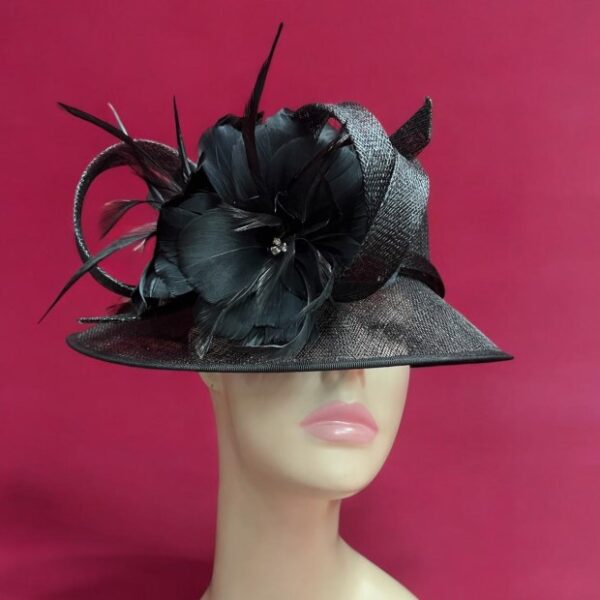 52972 Black Sinamay Hat with Feather Flower