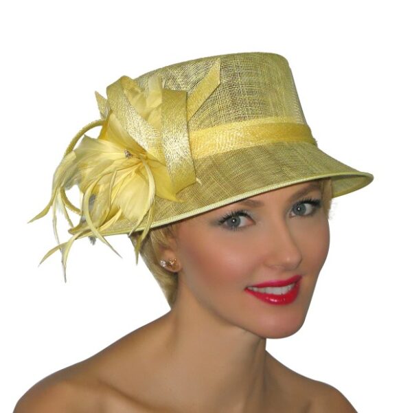 52972 Yellow Sinamay Hat with Feather Flower