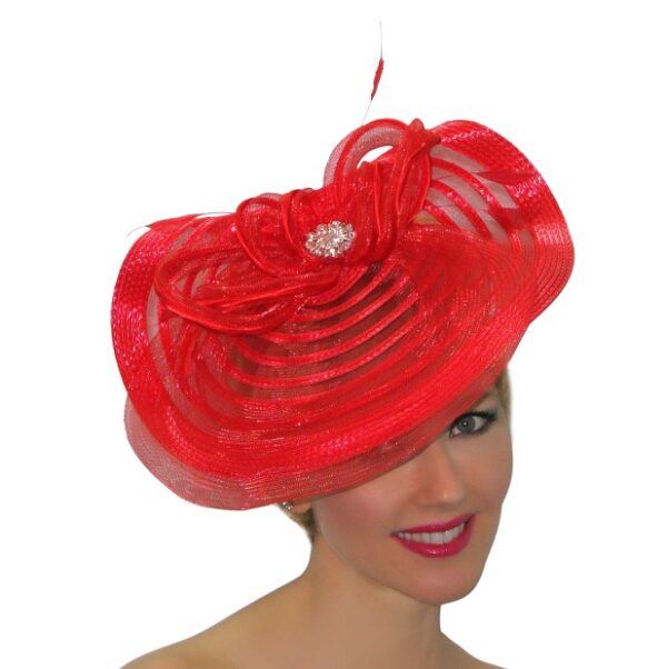 52980 Red Organza Fascinator with Small Rhinestone Brooch