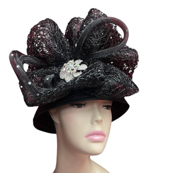 52981 Black Satin Ribbon Hat with Lace Bow