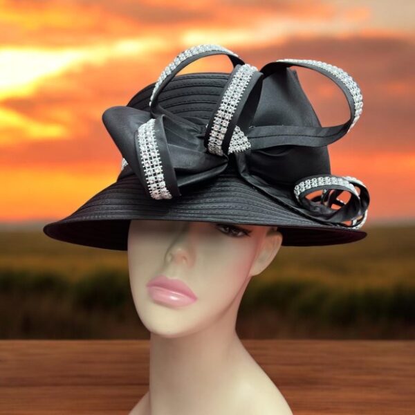 52984 Black Satin Ribbon Hat with Rhinestone Decoration