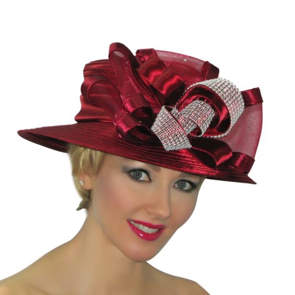 52985 Burgundy Satin Ribbon Hat with Rhinestone Decoration