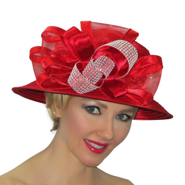 52985 Red Satin Ribbon Hat with Rhinestone Decoration