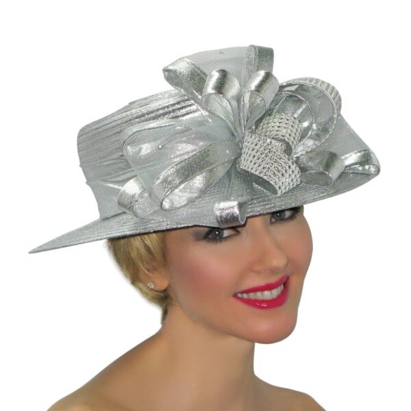 52985 Silver Satin Ribbon Hat with Rhinestone Decoration