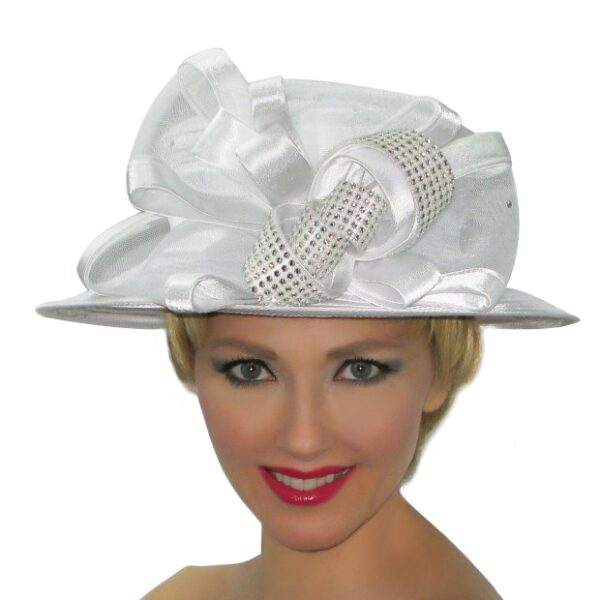 52985 White Satin Ribbon Hat with Rhinestone Decoration