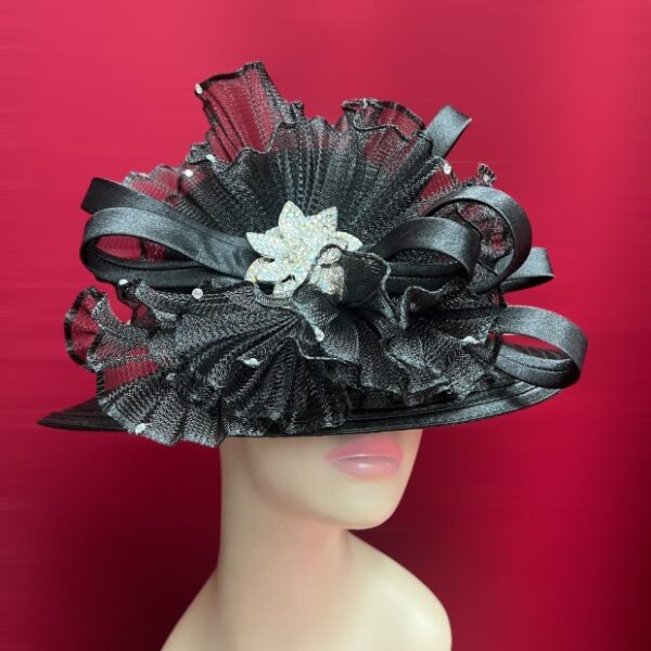 52987 Black Satin Ribbon Hat with Organza Decoration